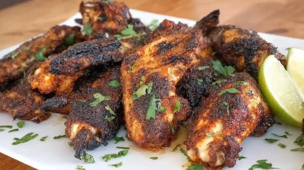 Crispy grilled dry rub chicken wings served with chopped herbs and lime wedges