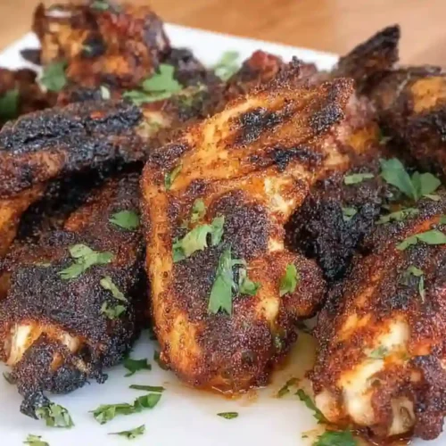 Crispy grilled dry rub chicken wings served with chopped herbs and lime wedges