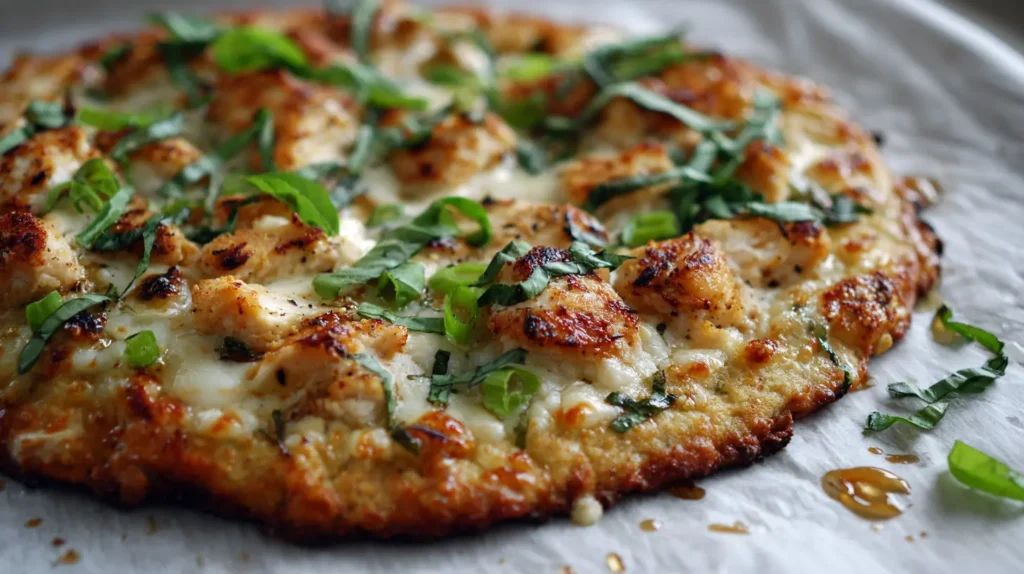 Golden chicken crust pizza topped with melted cheese and fresh basil ribbons, sliced on parchment.