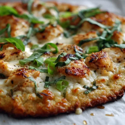 Golden chicken crust pizza topped with melted cheese and fresh basil ribbons, sliced on parchment.