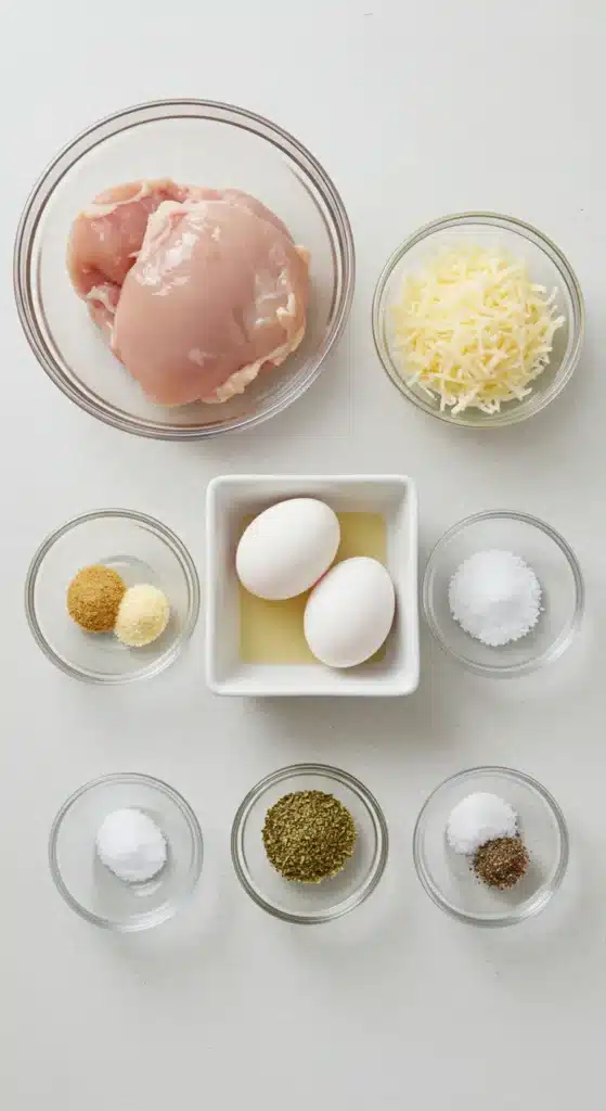 Overhead of raw chicken, shredded cheese, eggs, garlic powder, dried oregano, salt, and black pepper in small bowls.