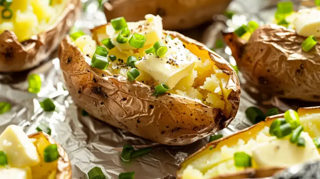 Split baked potato with butter and chopped chives on crinkled foil, steaming hot.