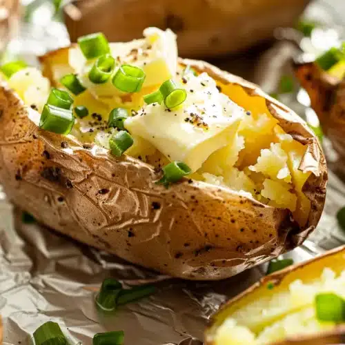 Split baked potato with butter and chopped chives on crinkled foil, steaming hot.