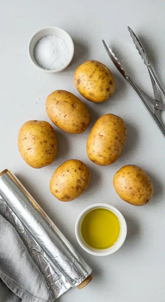 Overhead of russet potatoes with bowls of olive oil and coarse salt, foil roll, and tongs on a light surface.
