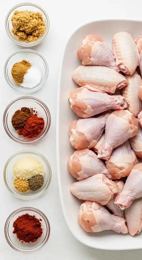 Raw chicken wings in a white dish with small bowls of brown sugar, salt, garlic powder, paprika, and spices.