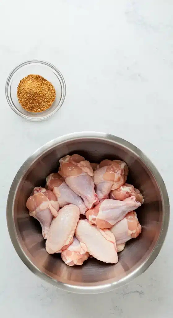 Raw chicken wings in a metal bowl beside a small bowl of dry rub seasoning.