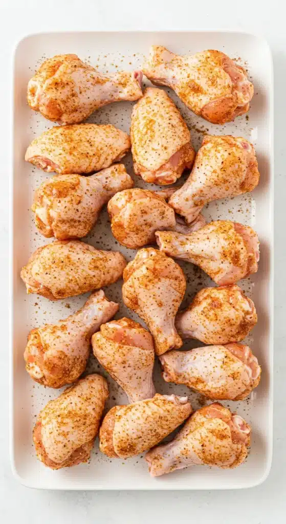 Chicken drumettes coated in dry rub arranged on a white tray before grilling.