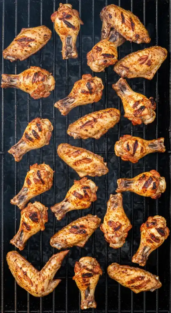 Seasoned chicken wings roasting on a foil-lined tray inside a grill.