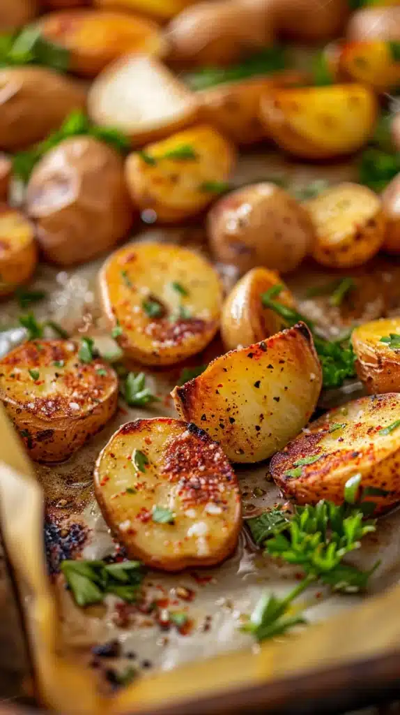 Crispy roasted baby potatoes on parchment, golden-brown with parsley and cracked pepper.