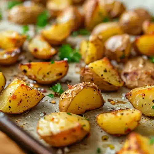 Sheet pan of quartered roasted potatoes with sea salt and parsley, crisp and golden on parchment.