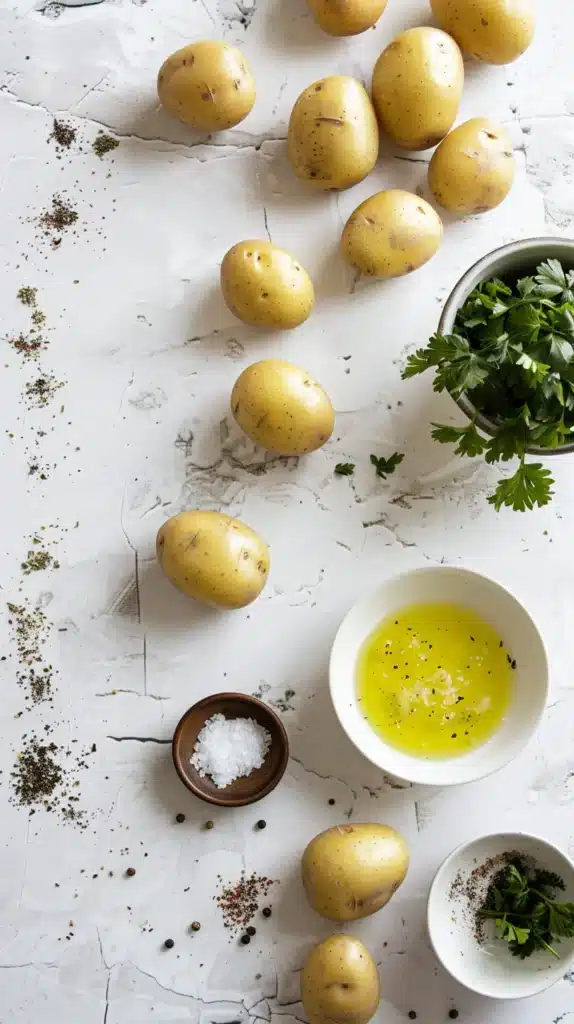 Overhead of baby potatoes with bowls of olive oil, sea salt, cracked pepper, and fresh parsley on a white background.