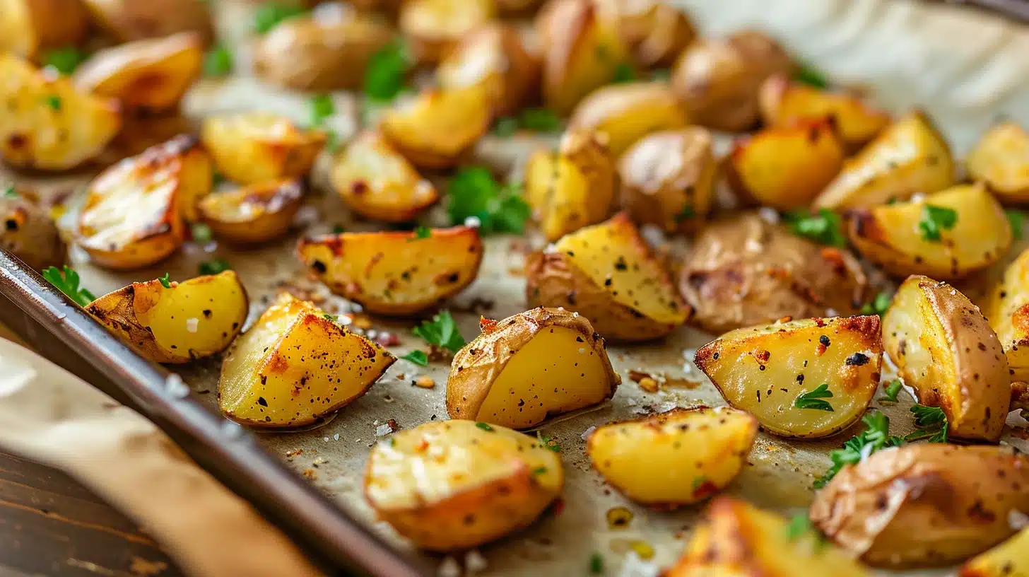 Sheet pan of quartered roasted potatoes with sea salt and parsley, crisp and golden on parchment.