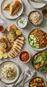 Overhead multi-dish family table with proteins, grains, salads and sauces