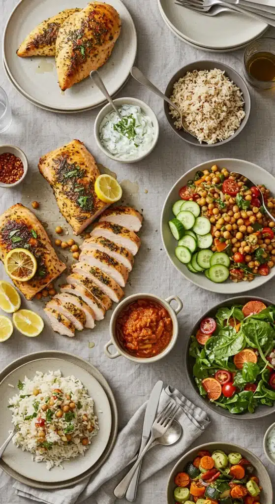 Overhead multi-dish family table with proteins, grains, salads and sauces