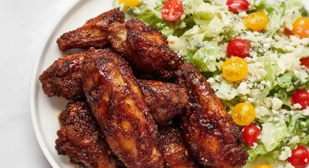 Platter of chicken wings with a side salad of lettuce, cherry tomatoes, and cheese crumbles