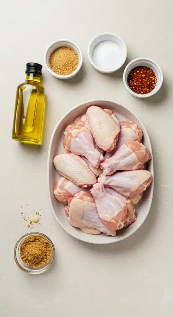 How to Make Perfect Smoked Chicken Wings with Homemade Dry Rub 3 Overhead flat lay of raw chicken wings in a dish with avocado oil, brown sugar, and small bowls of garlic powder, smoked paprika, and kosher salt.
