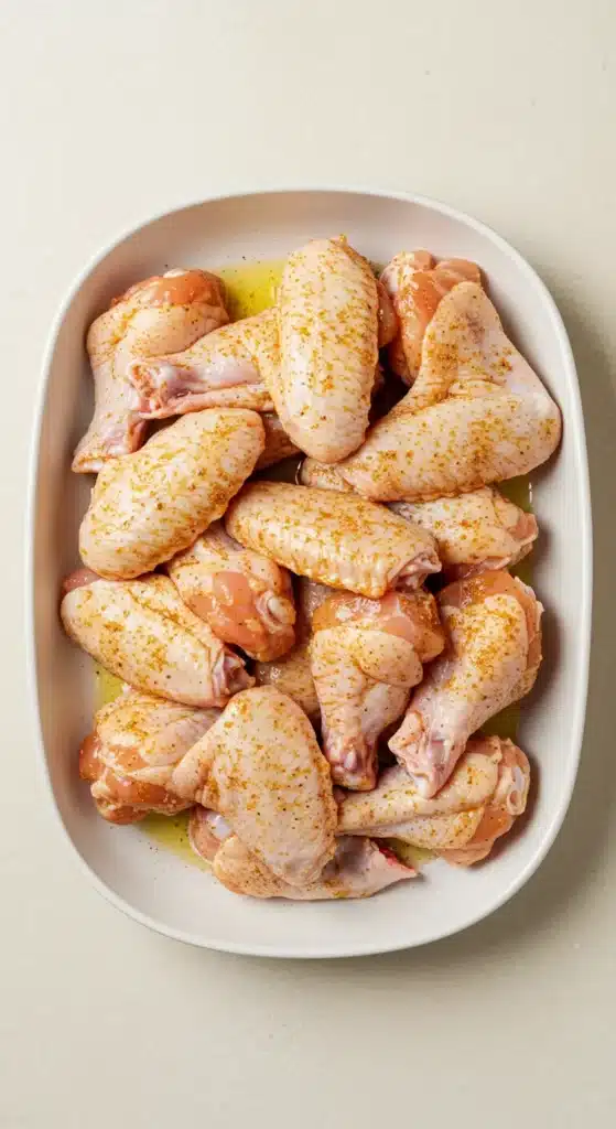 How to Make Perfect Smoked Chicken Wings with Homemade Dry Rub 4 Raw chicken wings in a white dish, coated with avocado oil and an even dry rub of garlic powder, smoked paprika, and kosher salt.