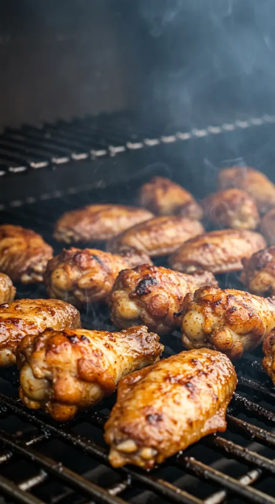 How to Make Perfect Smoked Chicken Wings with Homemade Dry Rub 5 Chicken wings smoking on grill grates at 325°F with light wisps of smoke and early caramelization on the skin.