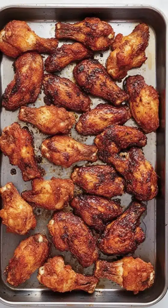 How to Make Perfect Smoked Chicken Wings with Homemade Dry Rub 6 Finished smoked chicken wings resting on a sheet pan with a caramelized brown-sugar crust.