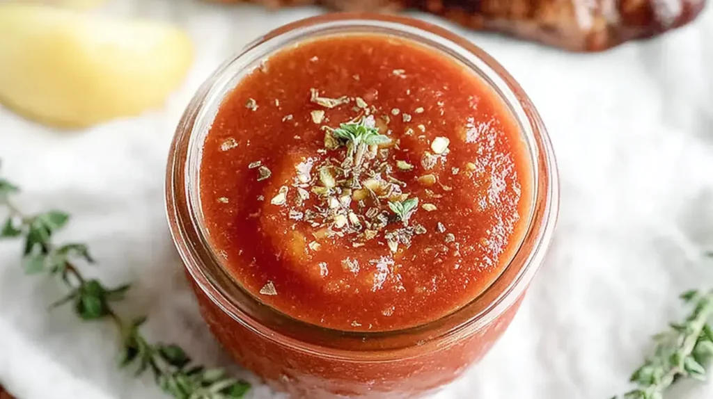 Fresh homemade amogio sauce in a glass jar topped with herbs, served for steak, chicken, or fish.