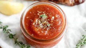 Fresh homemade amogio sauce in a glass jar topped with herbs, served for steak, chicken, or fish.