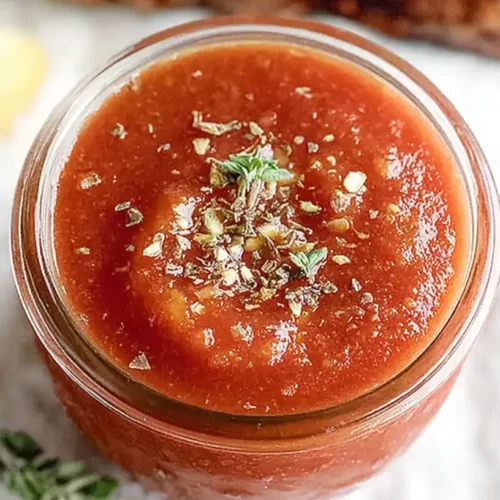 Fresh homemade amogio sauce in a glass jar topped with herbs, served for steak, chicken, or fish.