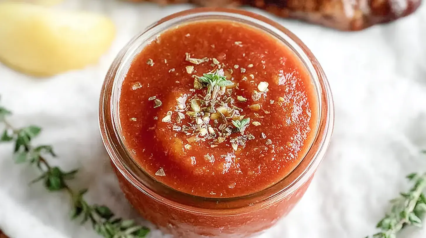 Fresh homemade amogio sauce in a glass jar topped with herbs, served for steak, chicken, or fish.