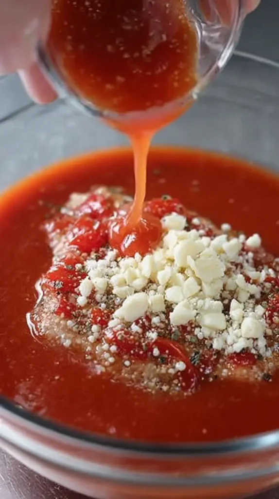 Fresh tomato-garlic amogio sauce being poured into a bowl with herbs and grated cheese for mixing.