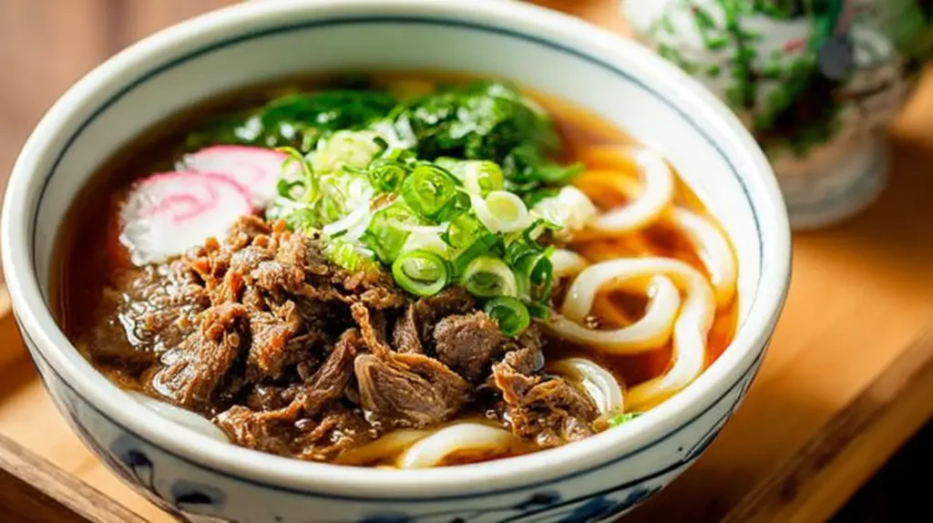 Comforting bowl of beef udon with tender sliced beef, thick udon noodles, scallions, seaweed, and savory broth.