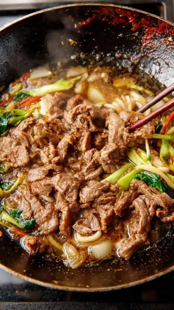 Sliced beef, bok choy, onions, and udon noodles sizzling in a wok with savory sauce.