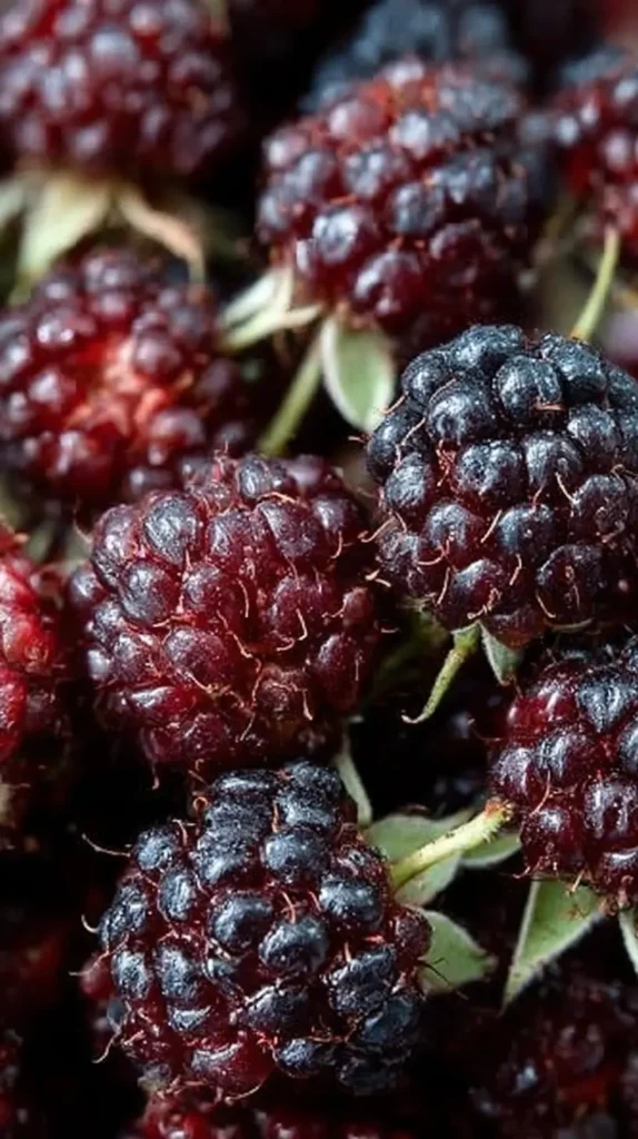 Close-up macro of ripe black raspberries with deep purple-black drupelets and a few green hulls still attached.