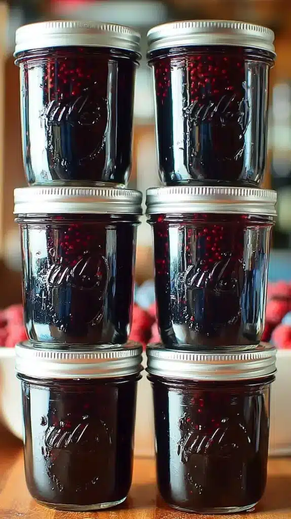 Six stacked half-pint Mason jars filled with deep purple black raspberry jam, silver lids gleaming, on a wooden surface.