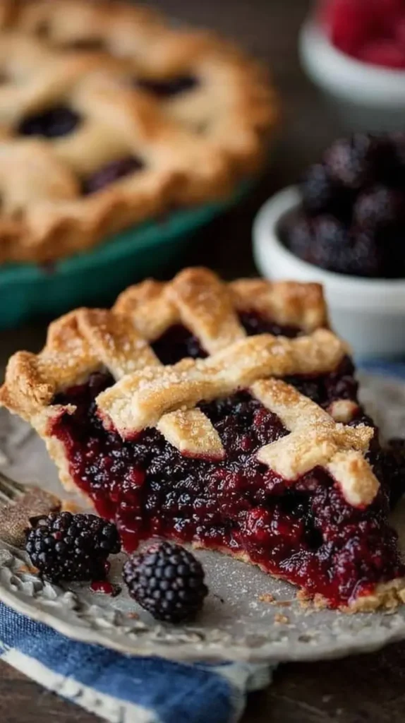 Close-up of a slice of black raspberry pie recipe on a plate—jammy purple filling beneath a flaky, sugared lattice crust; whole pie and berries blurred in the background.