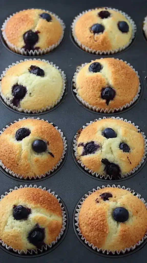 Overhead view of a muffin tin filled with golden blueberry muffins in paper liners, berries peeking through the tops.