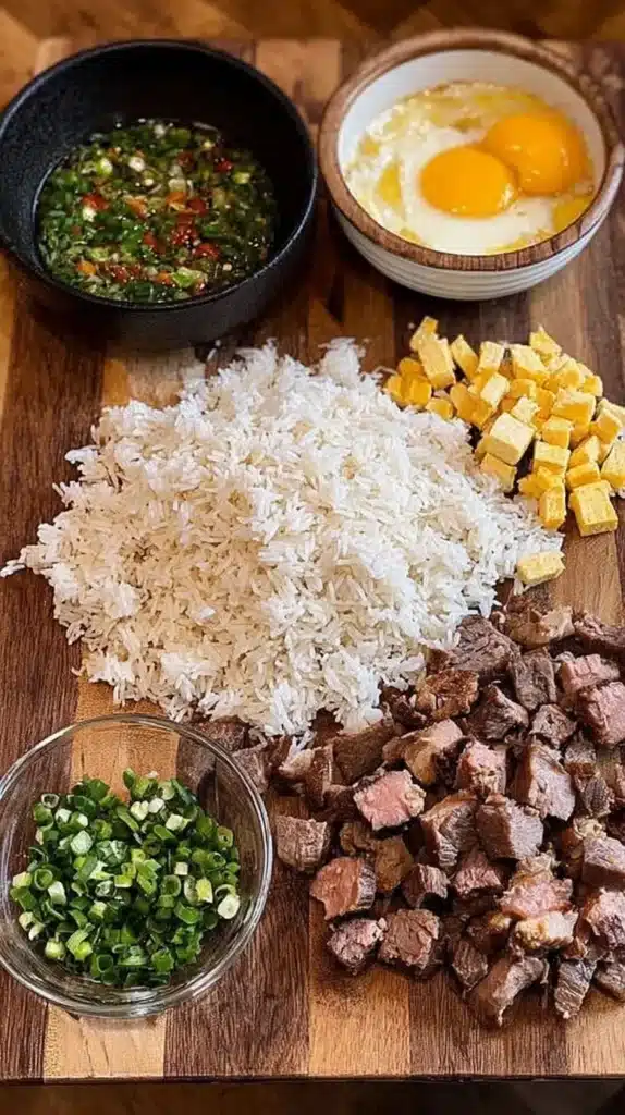 Overhead mise en place for brisket fried rice on a wooden board: day-old jasmine rice, chopped smoked brisket, scallions, eggs, omelet cubes, and a soy-scallion sauce.