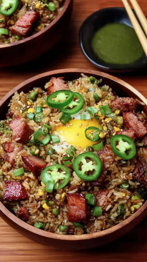 Vertical close-up of brisket fried rice in a wooden bowl, topped with a runny egg yolk, jalapeño slices, scallions, and sesame; sauce and chopsticks in the background.