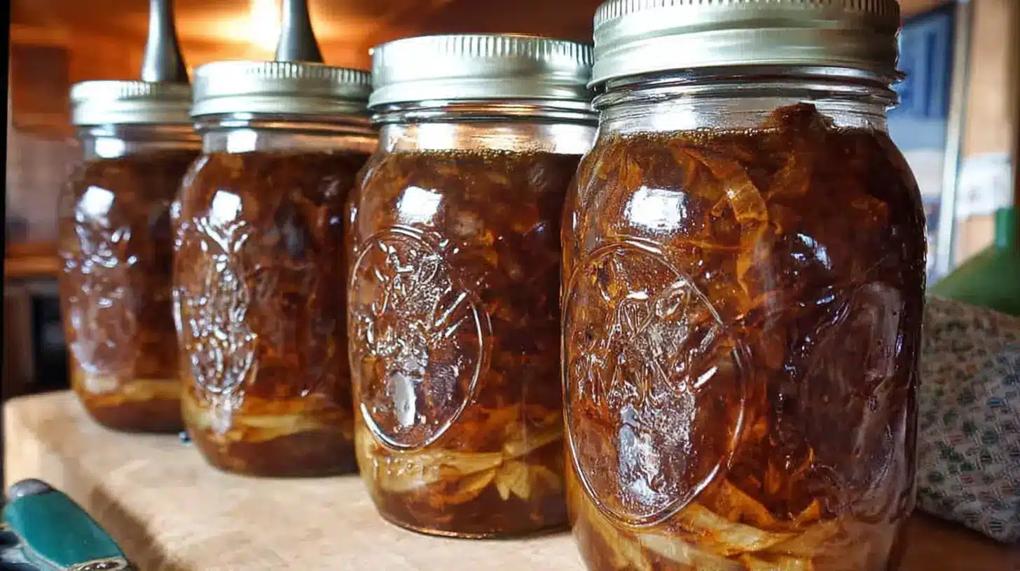 Four quart jars of homemade French onion soup, filled with caramelized onions and rich brown broth, sealed with metal lids and cooling on a wooden counter.