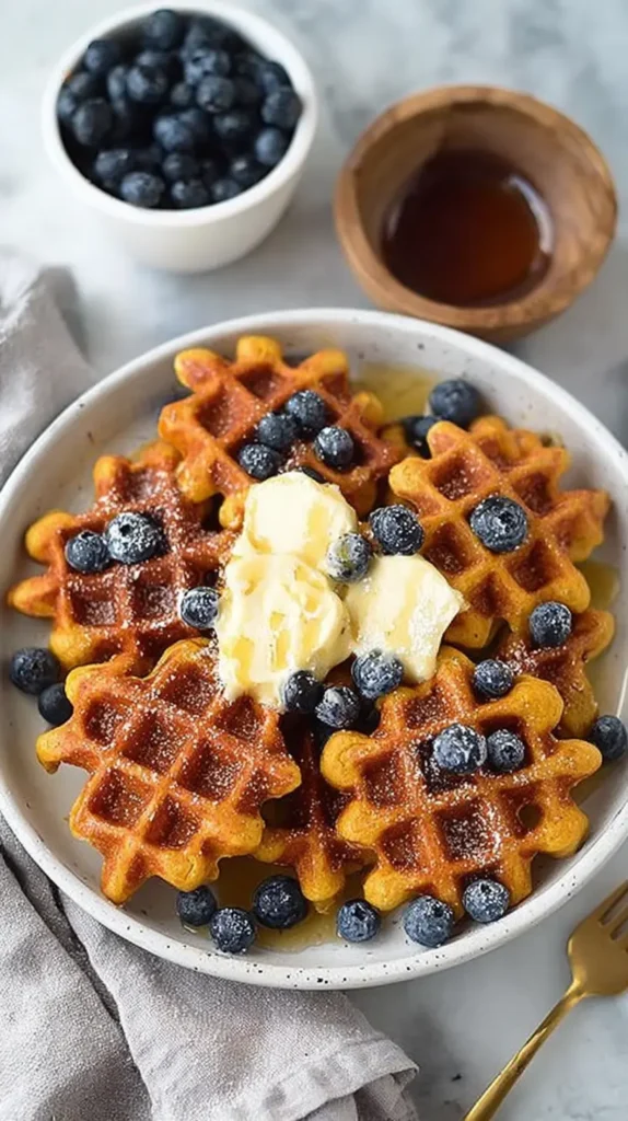 Golden cereal waffles topped with butter, blueberries, and syrup on a white plate.