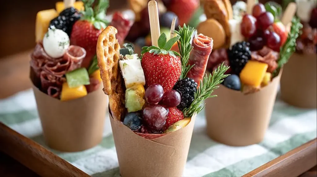 Close-up of grab-and-go charcuterie cups filled with salami rosettes, cheeses, strawberries, grapes, blackberries, blueberries, pretzel crisps, and rosemary sprigs.