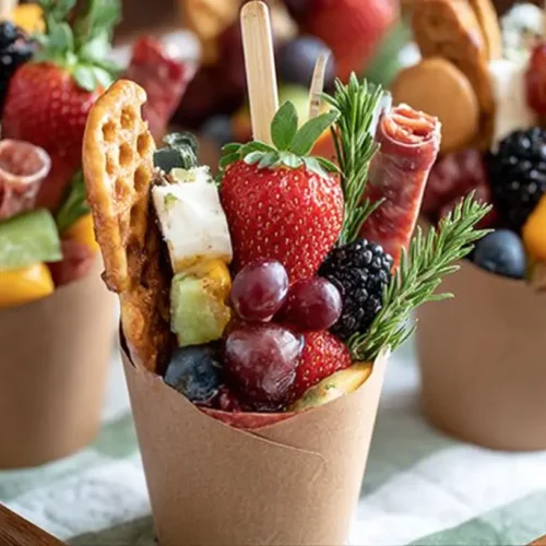 Charcuterie Cups Recipes: Easy, Beautiful Party Bites 5 Close-up of grab-and-go charcuterie cups filled with salami rosettes, cheeses, strawberries, grapes, blackberries, blueberries, pretzel crisps, and rosemary sprigs.