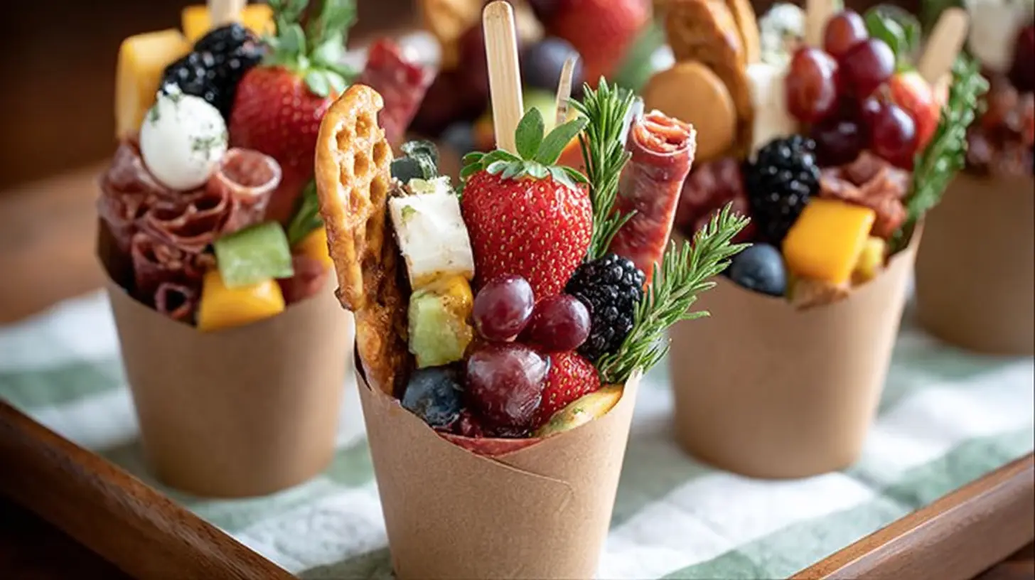 Charcuterie Cups Recipes: Easy, Beautiful Party Bites 1 Close-up of grab-and-go charcuterie cups filled with salami rosettes, cheeses, strawberries, grapes, blackberries, blueberries, pretzel crisps, and rosemary sprigs.