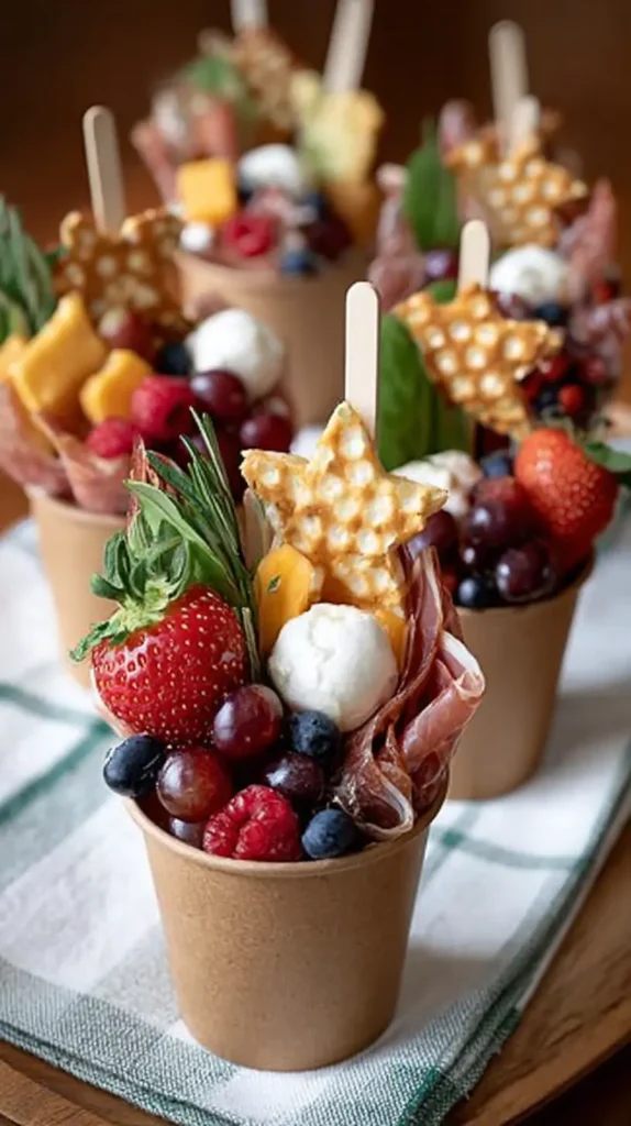 Charcuterie Cups Recipes: Easy, Beautiful Party Bites 4 Vertical close-up of a charcuterie cup filled with strawberries, grapes, raspberries, blueberries, mini mozzarella, prosciutto, cheddar cubes, rosemary, and a star pretzel crisp.