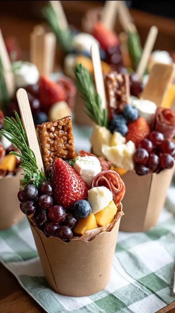 Charcuterie Cups Recipes: Easy, Beautiful Party Bites 2 Vertical close-up of a charcuterie cups recipes charcuterie cup filled with strawberries, grapes, blueberries, cheese cubes, salami rosette, rosemary sprig, and a pretzel crisp, with more cups behind.