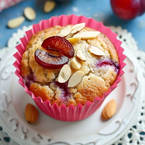 Vertical close-up of a cherry plum muffin in a pink liner, topped with sliced almonds and plum wedges, set on stacked ornate plates with a lace doily.