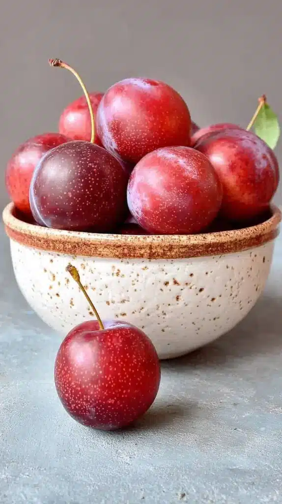 Vertical close-up of a rustic ceramic bowl filled with ripe red cherry plums, with a single plum and stem in the foreground against a soft neutral background.