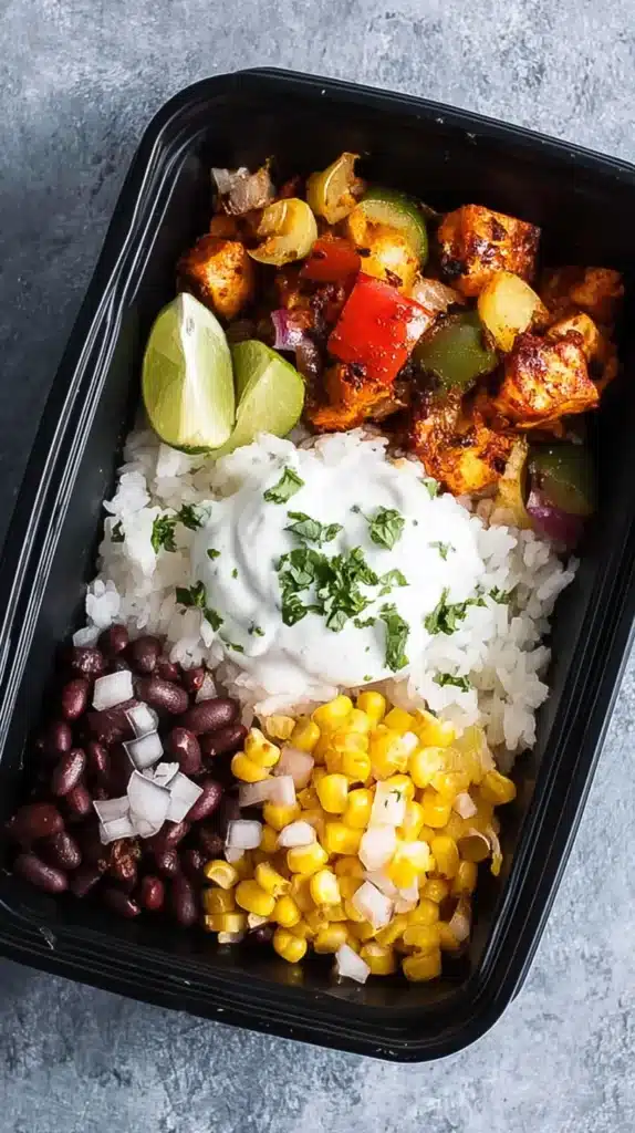 Easy lunch meal prep chicken burrito bowl with rice, corn, black beans, peppers, sour cream, and lime