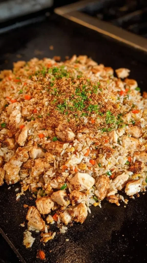 Vertical shot of chicken fried rice searing on a hot Blackstone griddle—diced chicken, peas, carrots, egg, and rice piled high, dusted with seasoning and chopped chives.