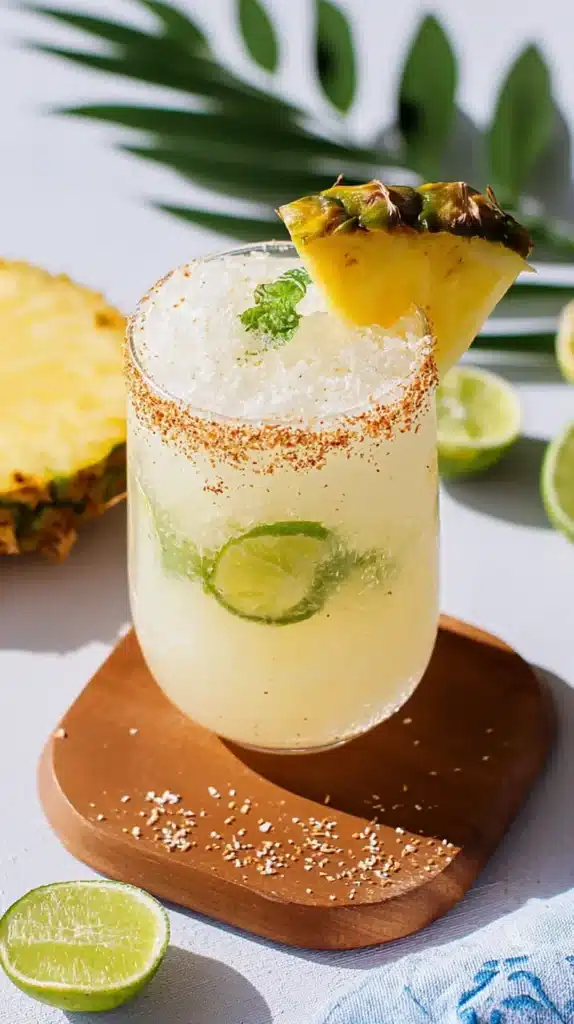 Tropical coconut mojito mocktail with pineapple slice, mint, and lime served over crushed ice in a tall glass.