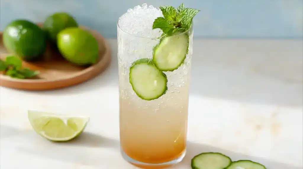 Refreshing coconut water mocktail with cucumber slices, mint, and lime served over ice in a tall glass.