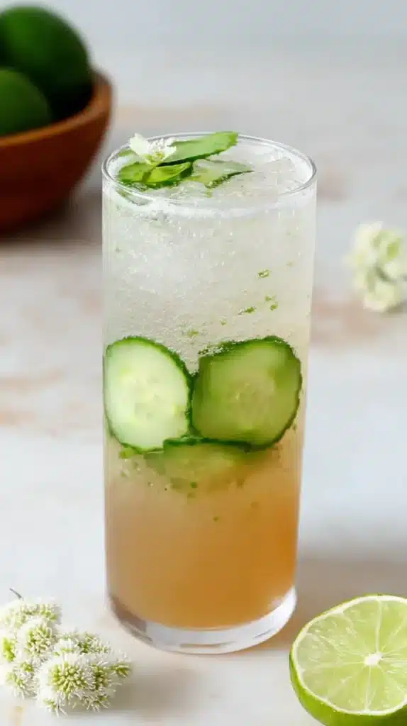 The Best Coconut Water Mocktail for Hot Days 2 Refreshing coconut water mocktail with cucumber slices, lime, and ice, served in a tall glass for a light tropical drink.